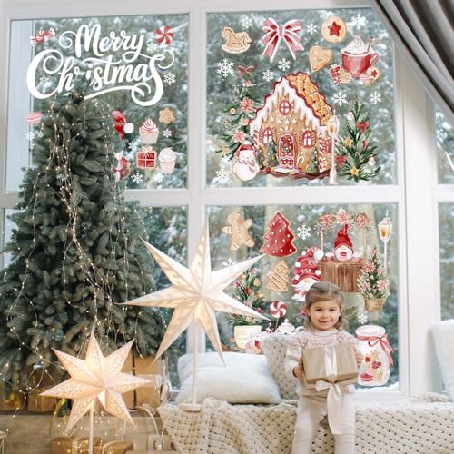 Merry Christmas Window Stickers, Xmas Gingerbread Man Wall Stickers, Xmas Santa Wall Decorations, Gingerbread Man Removable Home Sticker for Window Decoration, Christmas Sticker Gifts for Boys Girls