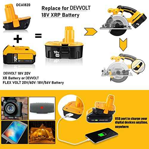 TenHutt ¡¼with USB Replace for De-Walt 20V to 18V Battery Adapter Converter DCA1820 for De-Walt 18V Tools, Fit for Dew-alt 20V Battery DCB203 DCB206 to 18V XRP NiCd NiMh Battery DC9098 DC9096