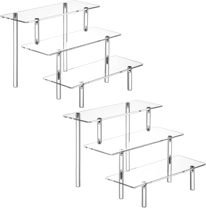 HENABLE 2PCS Acrylic Display Risers, 3 Tier Clear Cupcake Stand Risers, Organizer for Perfume, Funko POP, Food, Tabletop Use