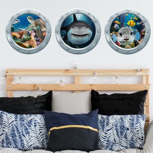 Runtoo Under The Sea Wall Decals Stickers 3D Shark Sea Turtle Window Clings for Kids Room Nursery Bedroom Bathroom Home Decor [3PCS]