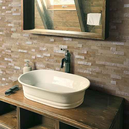 SUNWINGS Peel and Stick Mosaic Natural 3D Stone Self Adhesive Tiles, 12" x 11" 5-Sheet Stick on Backsplash for Kitchen Bathroom Fireplace Vanity, Beige