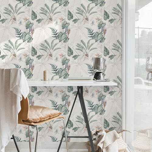 Peel and Stick Wallpaper Tropical Botanical Palm Tree Leaf Contact Paper Waterproof Self Adhesive Removable Floral Boho Vinyl Roll for Bathroom Bedroom Living Room Kitchen 17.32" x 118.11"