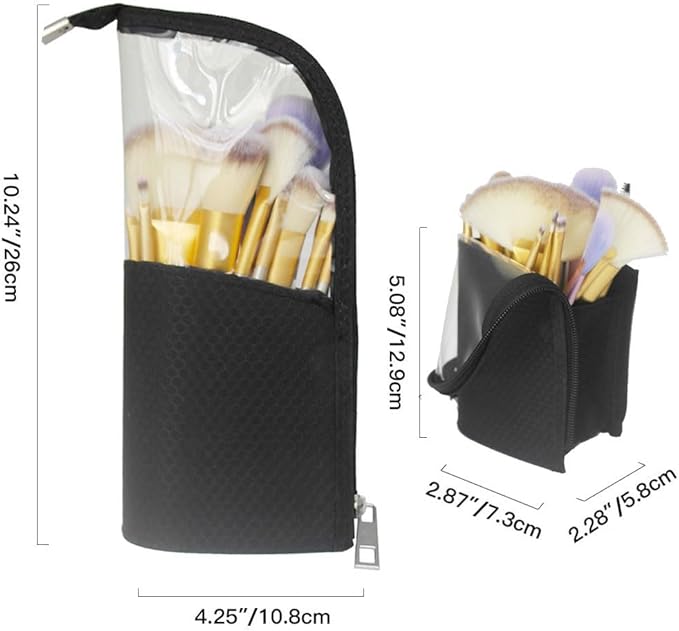 Black Travel Makeup Brush Holder 2-Pack, Organizer Bag Clear Plastic Cosmetic Zipper Pouch Portable Waterproof Dust-Free Stand-Up Small Toiletry Stationery Bag with Divider