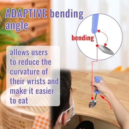 Adaptive Utensils,Curved Angled Spoon and Fork Set,for Tremors Parkinsons Limited or Elderly,Lightweight Cutlery with Non-Slip Easy Grip Handles