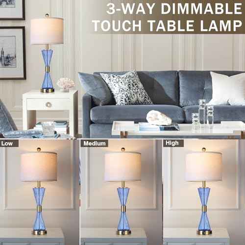 28" Blue Glass Table Lamp Set of 2 with USB C+A Ports and AC Outlet, 3 Way Touch Modern Bedside Lamps for Night Stands, Coastal Nightstand Lamps for Bedroom Living Room
