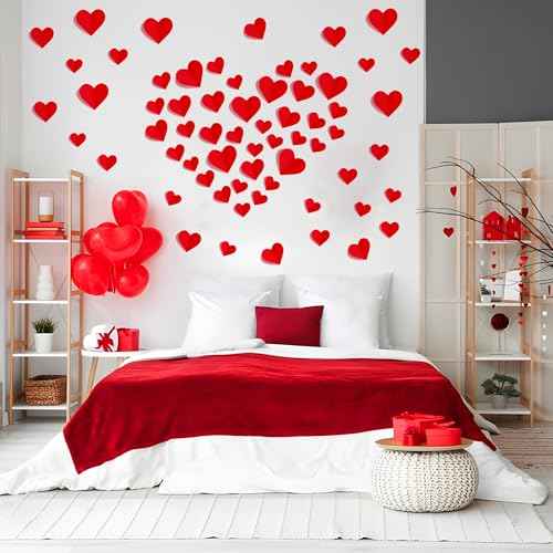 120 Pcs 3D Heart Wall Stickers Valentines Day Wall Decorations Waterproof Red Heart Walls Decals Love Hearts PVC Walls Stickers Decal for Wedding Anniversary Party Bedroom Home School Office Decor