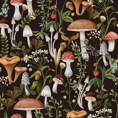 Mushroom Wallpaper Peel and Stick Textured?Boho Contact Paper Removable Vintage Forest Stick on Wallpaper Self Adhesive for Bedroom Bathroom, Black Green Brown White, 17.3 x 79 inch