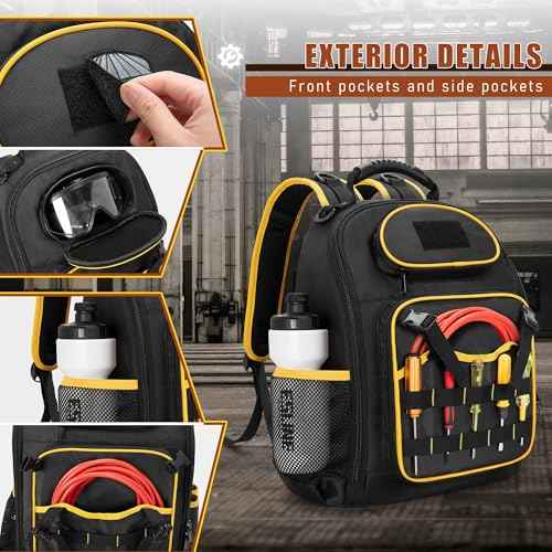 Tool Backpack with a Tool Pouch, Heavy Duty Tool Bag with Multiple Pockets, Black
