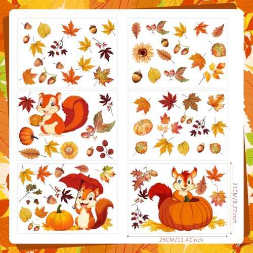 107 Pcs 6 Sheets Thanksgiving Fall Leaves Wall Decals Squirrel Acorn Pumpkin Autumn Wall Decals Peel and Stick Removable Wallpaper Thanksgiving Stickers for Window Living Room Home