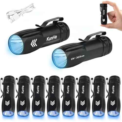 KunHe 10 Pack 365nm UV Flashlightt, Mini Rechargeable UV Light 3W for Pet Stain Detection, Hotel Cleaning, Resin Curing, Gem & Scorpion Inspection, Stocking Stuffers