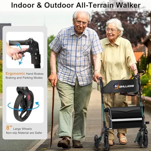 Rollator Walkers for Seniors with Seat, No Assembly Foldable 8" Non-Slip Big Wheels All Terrain Lightweight Durable Aluminum Rolling Walker with Comfortable Backrest