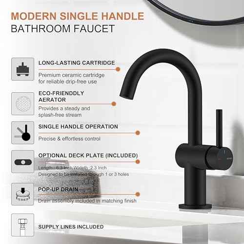 KENES Matte Black Bathroom Sink Faucet, Bathroom Faucets Single Handle Modern Prep Wet Bar Sink Faucets with Drain Assembly & Deck Plate, Farmhouse RV Camper Outdoor Utility Faucet, KE-9005B-2