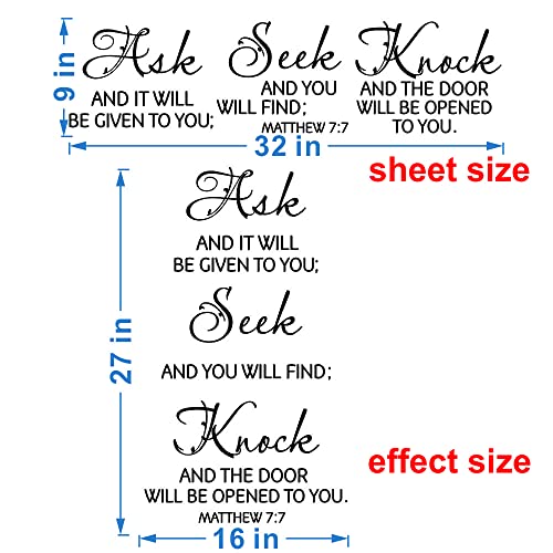 Ask Seek Knock Scripture Wall Art ? Matthew 7:7 Bible Verse Removable PVC Vinyl Sticker ? Inspirational Art for Living Room, Study, Church ? 27"x16" (black-JWH217)