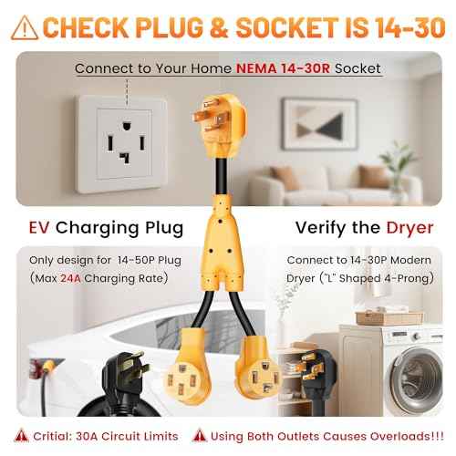 MECMO 4 Prong Modern Dryer to EV Charger Y Splitter, NEMA 14-30P to 14-50R & 14-30R Dual Outlets Adapter Cord 2ft for EV Car Charging, Newer Dryers & RVs - ONE Device at A TIME (Max 30A Shared)