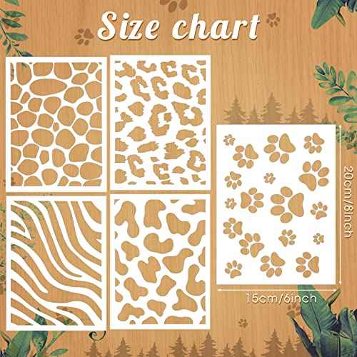 5 Pieces Animal Print Skin Stencil 8 x 6 Inches Leopard Makeup Zebra Painting Stencil Reusable Cheetah Template Plastic Cow Giraffe for Painting on Wall Face Body