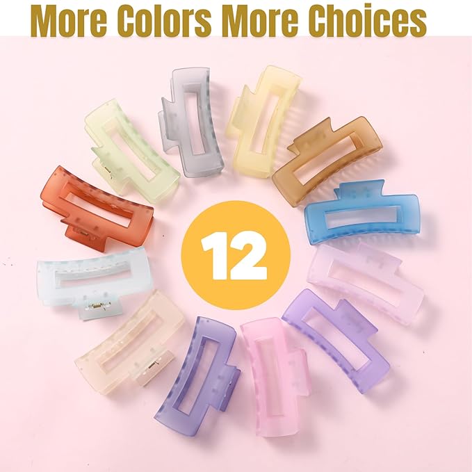 12 PCS Large Clear Square Hair Claw for Women, 4.3-Inch Matte Rectangle Clips, Strong Hold for Thick & Thin Hair