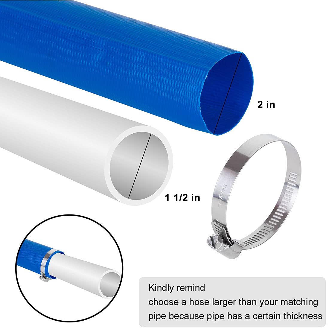 Eastrans 2" x 100 FT Heavy Duty Pool Backwash Hose, Reinforced PVC Lay Flat Discharge Hose, Weather Resistant & Burst Resistant with 2 Hose Clamps