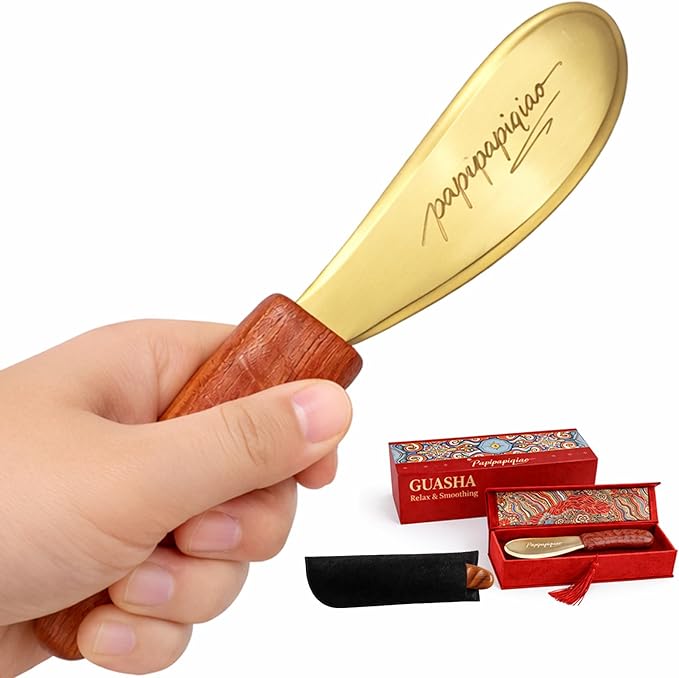 Copper Brass Gua Sha Muscle Scraper Tool with Wooden Handle Ã¢ÂÂ H62 Brass IASTM Soft Tissue Massage Tool for Fascia Release & Scar Tissue Relief Ã¢ÂÂ Deep Tissue Scraping Tool for Back & Body