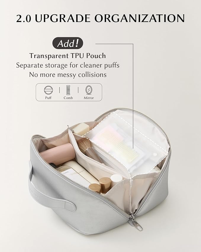 EACHY Travel Makeup Bag, Large Capacity Cosmetic Bag for Women, Waterproof PU Leather, Flat Open Portable Toiletry Bag for Skincare, Brushes & Travel Essentials