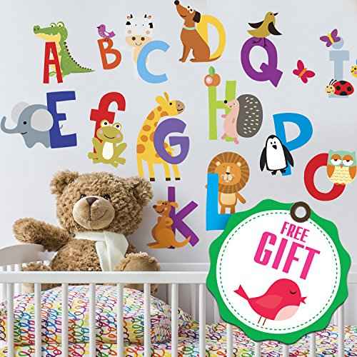 ABC Wall Decals - Alphabet Educational Animal Stickers - Classroom Decor - Playroom Decals for Wall - Animal Letters to Stick Kindergarden - Bedroom Stickers Kids ABC Lettering - [Gift Included]!