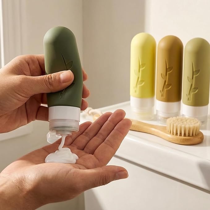 Travel Bottles Kit (16 Pack) - TSA Approved, Leak Proof Silicone Squeezable Containers for Toiletries. Complete Set with Jars, Sprayers & Bag (M-Green)