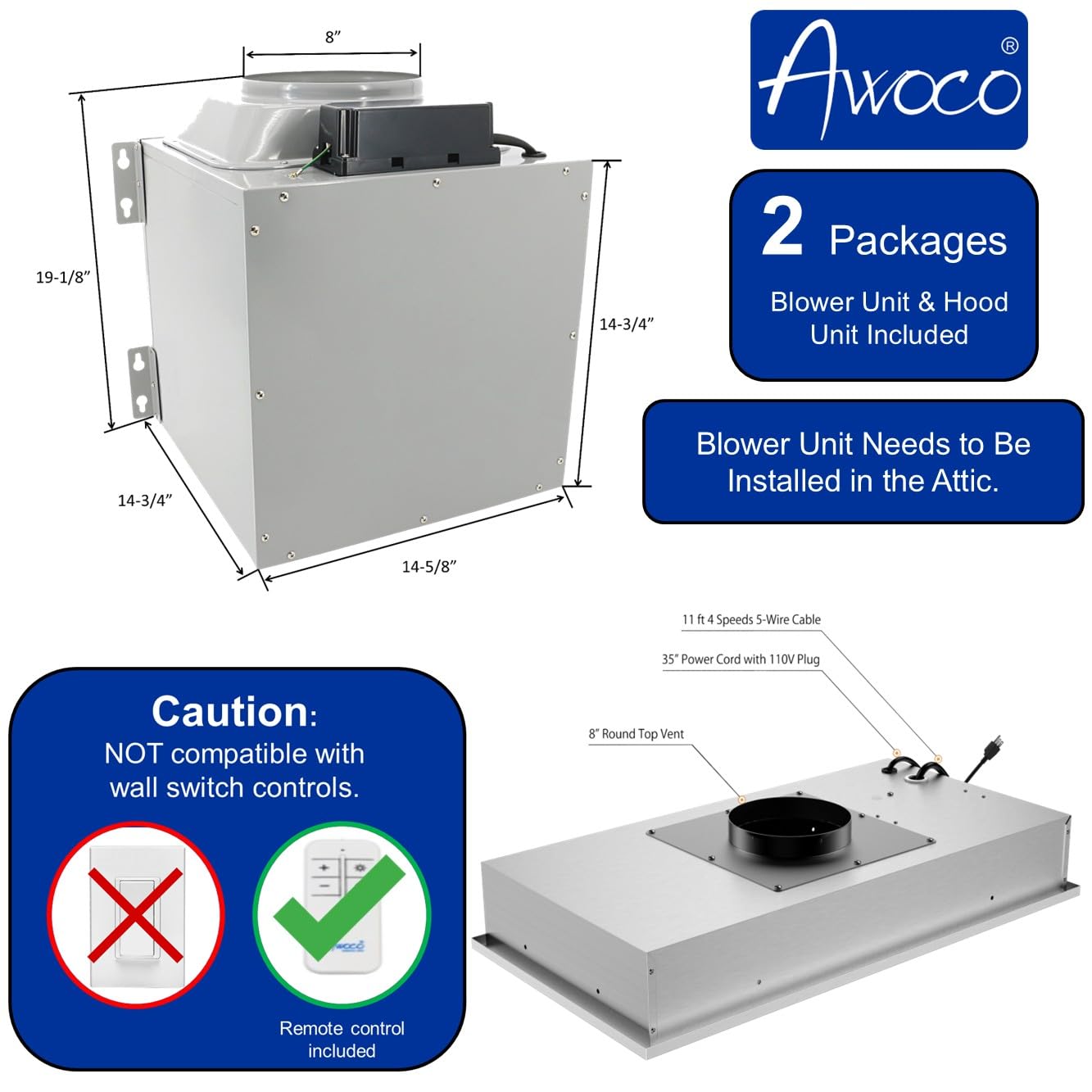 Awoco 14-1/2”D Super Quiet Split Insert Ceiling Mount Stainless Steel Range Hood, 4-Speed, 1000 CFM, LED Lights, Mesh Filters with 8” Blower & Remote Control (36"W 8" Vent)