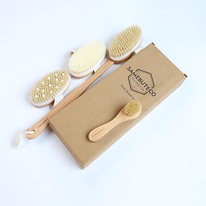 Dry Brushing Body Brush Set with Long Handle, Natural Boar Bristle Body & Face Brush, Wooden Detachable Scrub Brush, 3 Brush Heads for Exfoliating & Body Care