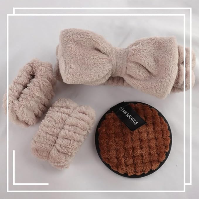 20 Pcs Makeup Sponges Set Beauty Blender Triangle Puffs Mini Sponge Spa Headband & Wristband Remover Pad Cosmetic Applicator for Powder Foundation Liquid Cream Multi - Functions Kit (Brown)