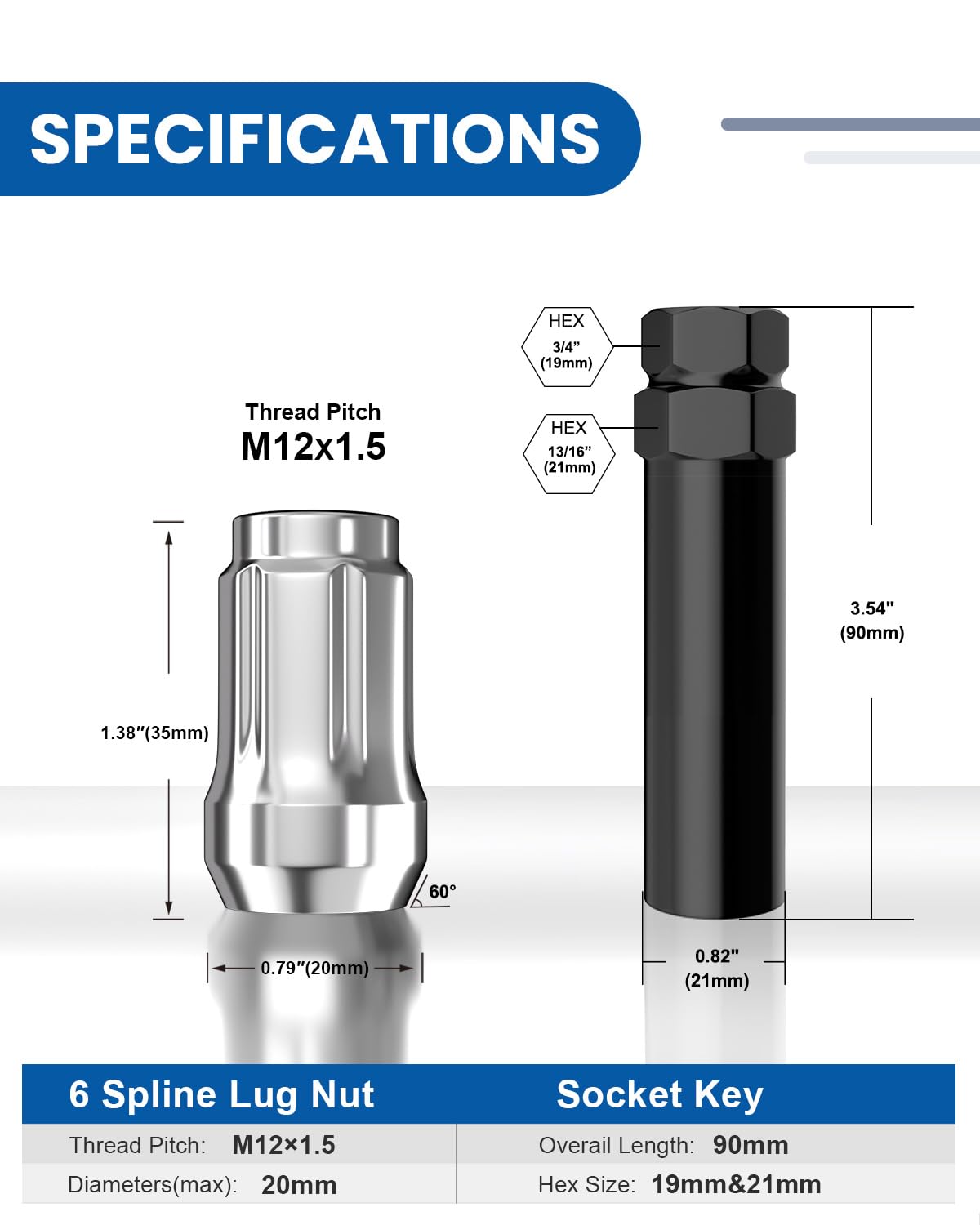 GAsupply 12x1.5 Lug Nuts Spline, Closed End Chrome Acorn Tuner Lug Nuts 1.38" 35mm Tall Conical Seat 60 Degree for Aftermarket Wheels, Pack of 20+1 Spline Tuner Socket Key
