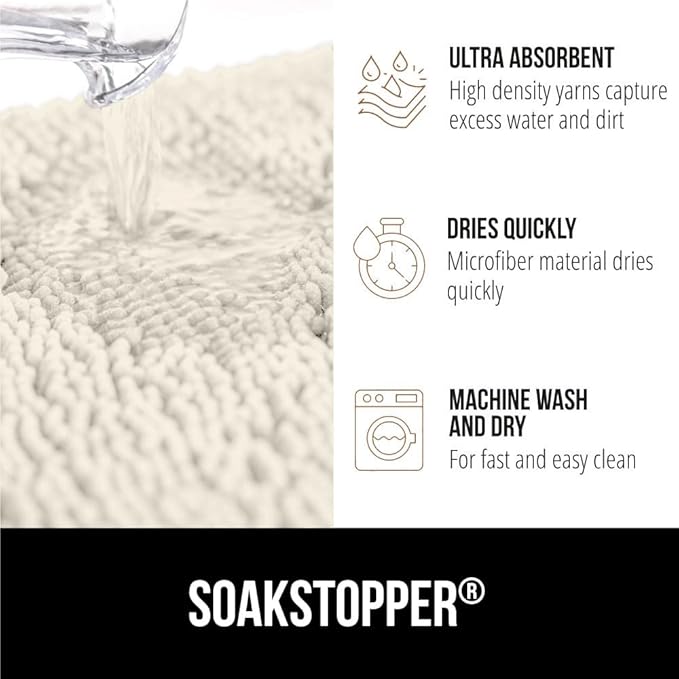 GORILLA GRIP SoakSTOPPER Dog Door Mat, 48x30 Machine Washable Rug Absorbent Doormat Captures Moisture Mud Dirt, Quick Dry Soft Chenille Entryway Rugs Indoor Entrance Mats for Dog Paws, Cream