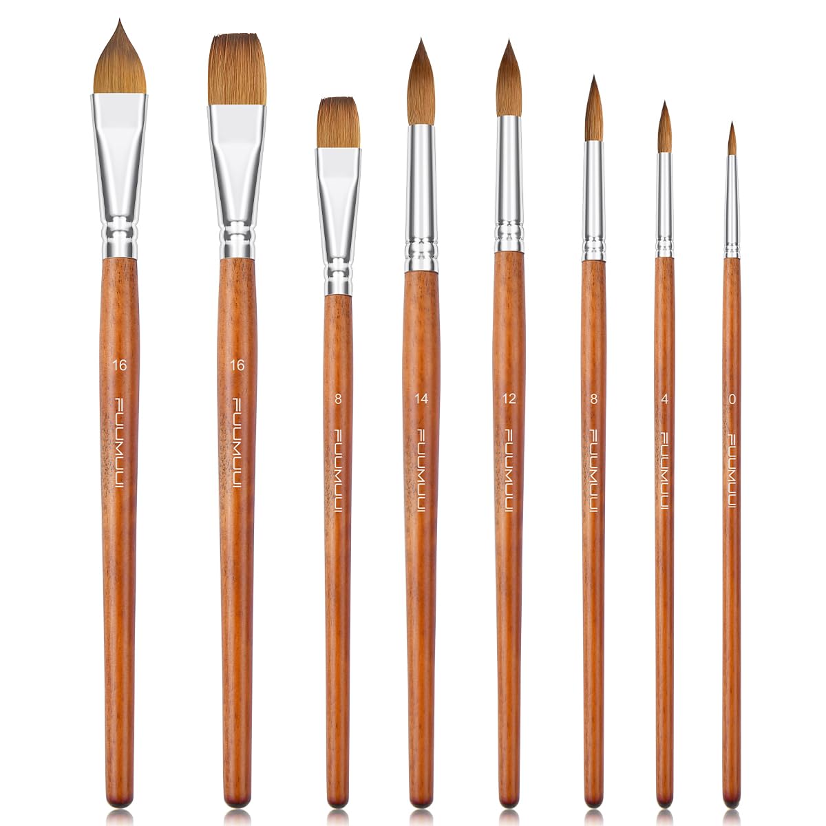 Sable Watercolor Brushes Professional, Fuumuui 8Pcs Sable Brush Set Variety Shapes with Flat, Round Pointed, Liner, Cat's Tongue Oval Wash Perfect for Watercolor Acrylic Gouache Inks Painting