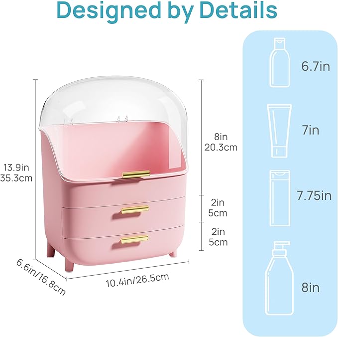 Vtopmart 3-Tier Skincare Makeup Organizer with Drawers and Lid for Vanity and Bathroom Countertop, Large Cosmetic Storage Box Case for Dresser, with Non-Slip Base, Pink