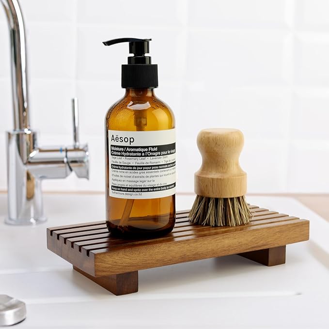 Acacia Wood Riser for Bathroom Sink Tray Kitchen Counter Decor Trays Pedestal Stand Sponge Soap Dish Holder Decorative Wooden Risers for Kitchen Sink Soap Tray Vanity Bathroom Countertop Accessories