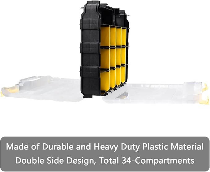 Tools Box Organizer Double Side 34 Compartments Hardware Organizers with Removable Plastic Dividers for Screws Nuts Nails