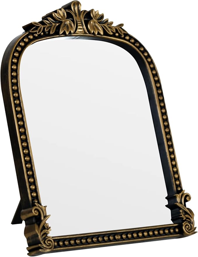 Vintage Gold Plastic Arched Makeup Mirror, Standing, Hanging or Wall Mount, Bathroom, Living Room, Bedroom Decorative Mirror (Bronze-10.6x8.6 inch)