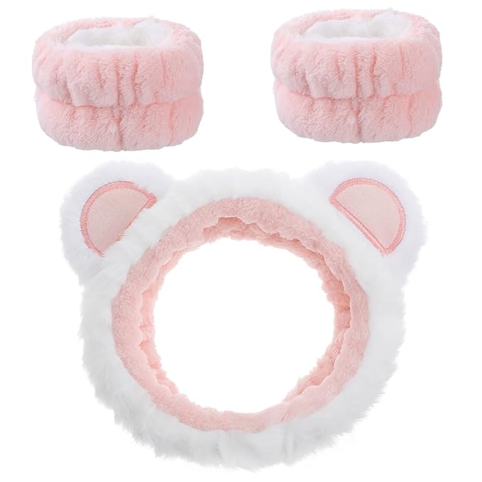 3Pcs Face Wash Headband with Wrist Towels, Soft Elastic Bear Ears Spa Headband Face Wash Hair Band Wristband Makeup Headbands for Women Skincare Bath Shower