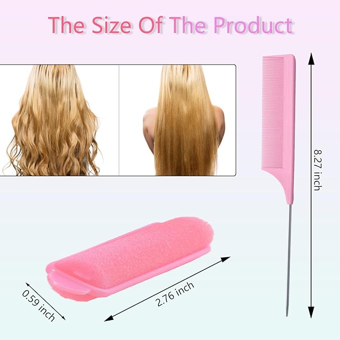 44 Pcs Foam Sponge Hair Rollers Set 0.59 Inch Flexible Hair Styling Sponge Curler Soft Sleeping Hair Curlers and Stainless Steel Rat Tail Comb Pintail for Hairdressing Styling(Black, Pink)