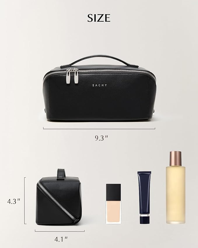 EACHY Travel Makeup Bag, Large Capacity Cosmetic Bag for Women, Waterproof PU Leather, Flat Open Portable Toiletry Bag for Skincare, Brushes & Travel Essentials