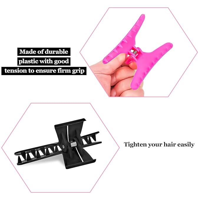 Hair Clips for Styling Sectioning 12 Pack Black Hot Pink Butterfly Clamps Hair Claw Clips Pro Salon Hair Clips for Styling, Sectioning, Cutting and Coloring