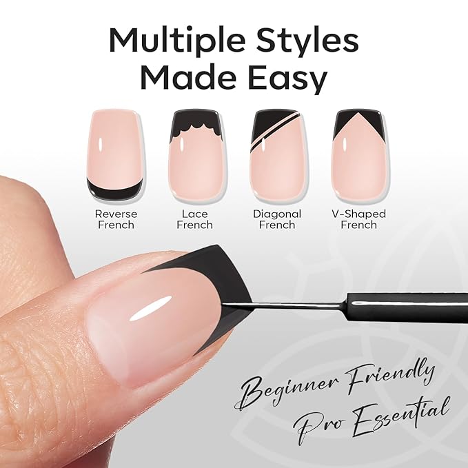 modelones Black French Tip Liner Gel Polish, 15 ML All Black Classic Color Nail Art Paint Swirl with Upgraded Fine Line Brush Soak Off U V DIY Home Salon Professional Manicure Design Gift for Women