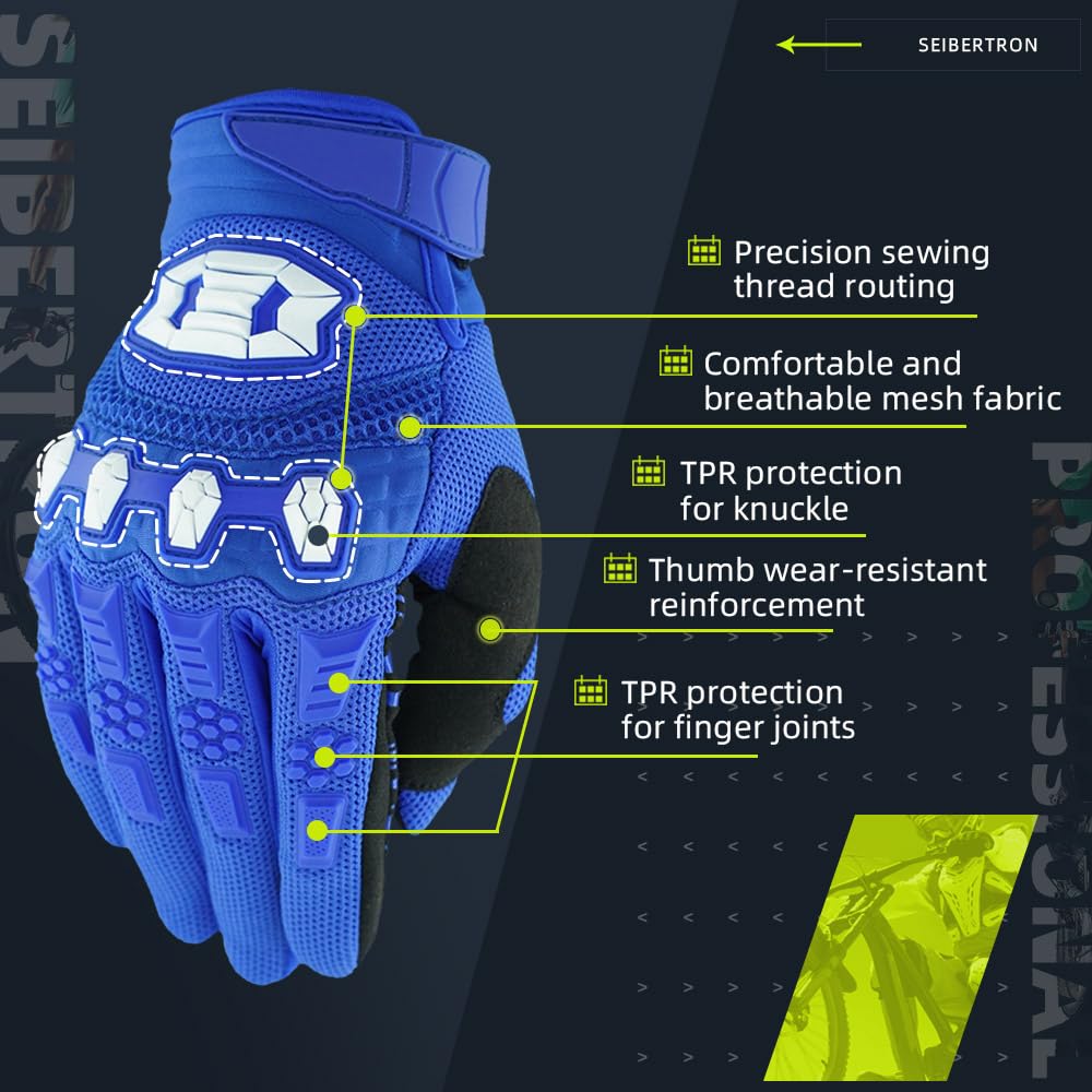 Seibertron Youth Unisex MX ATV MTB Racing Gloves - Full Finger Touchscreen Glove for Bicycle Cycling Mountain Biking Motorcycle and Motocross Blue XS