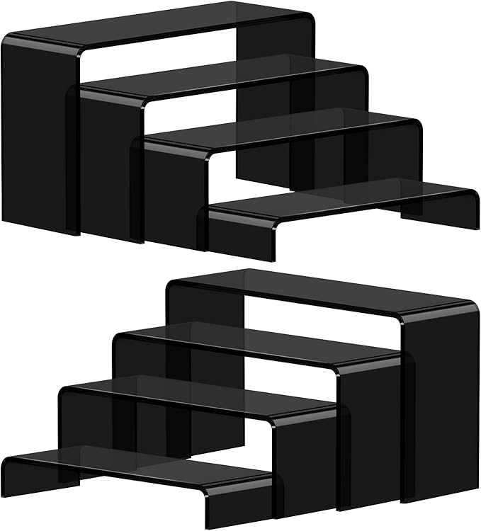 FUNFERY Acrylic Display Risers, 2 Set(7.8" L~8.2" L~8.6" L~9Ã¢ÂÂL) Display Shelf for Figure, Collectibles, Cupcake, Black Acrylic Stands for Dessert, Jewelry, Candy Showcase, 4 Tier Action Figure Stand