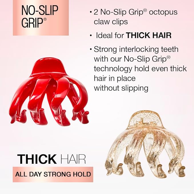 Scunci by Conair jaw claw clip set - hair accessories for women - claw clips for thick hair - Valentines Day - gifts for her - Gold Glitter and Red - 2 Count