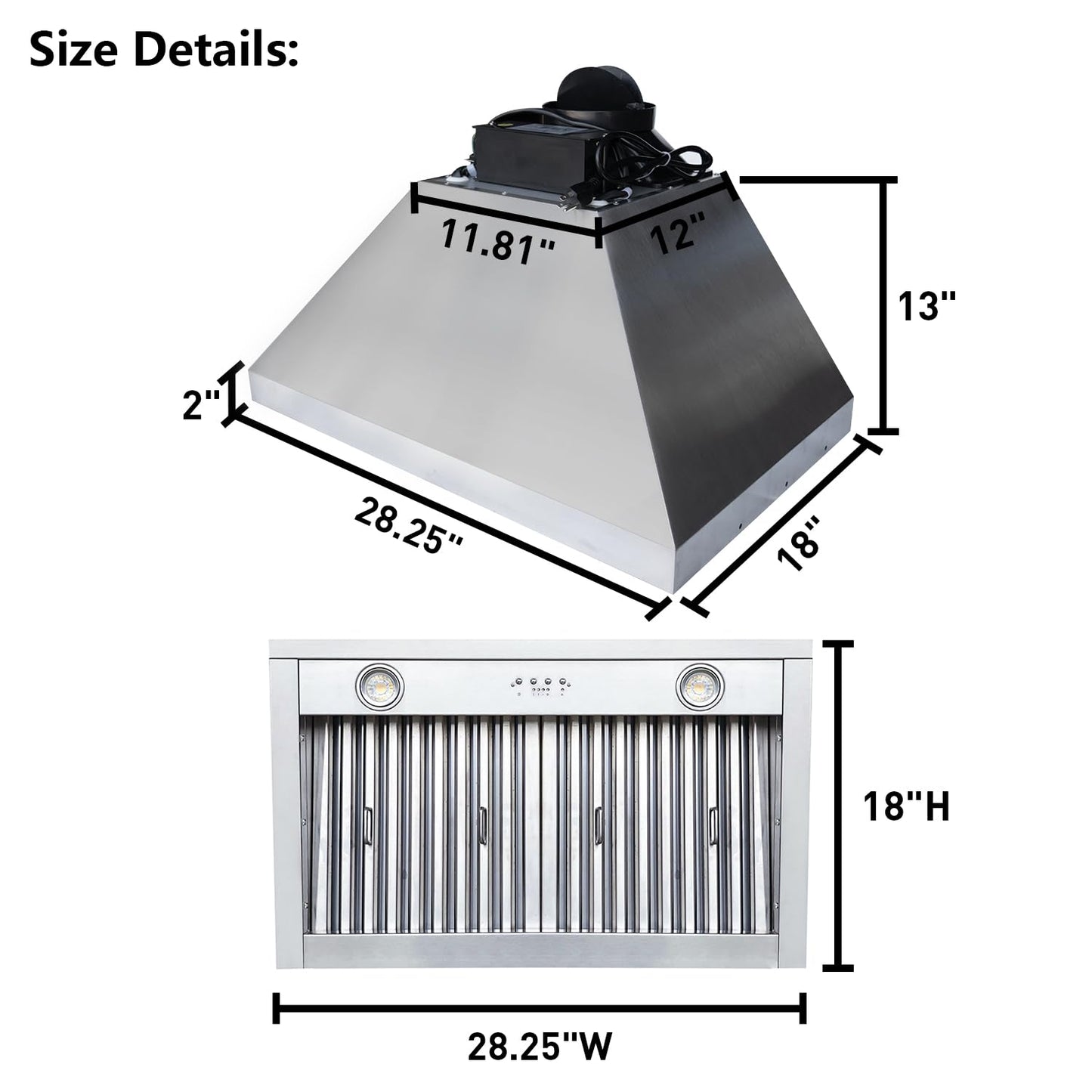 SINDA 30 Inch Built-In/Insert Range Hood, 4-Speed 610 CFM, Stainless Steel Under Cabinet Range Hood Kitchen Vent Hood with Liner and Internal Motor, 6" Duct, Adjustable Lights, Baffle Filter