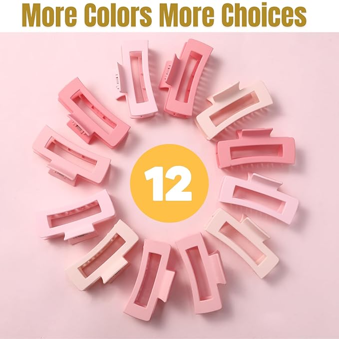 12 Pcs Pink Large Square Hair Claw Clips for Women, 4.3-Inch Matte Rectangle Claw, Strong Hold Non-slip Hair Clips for Thick & Thin Hair