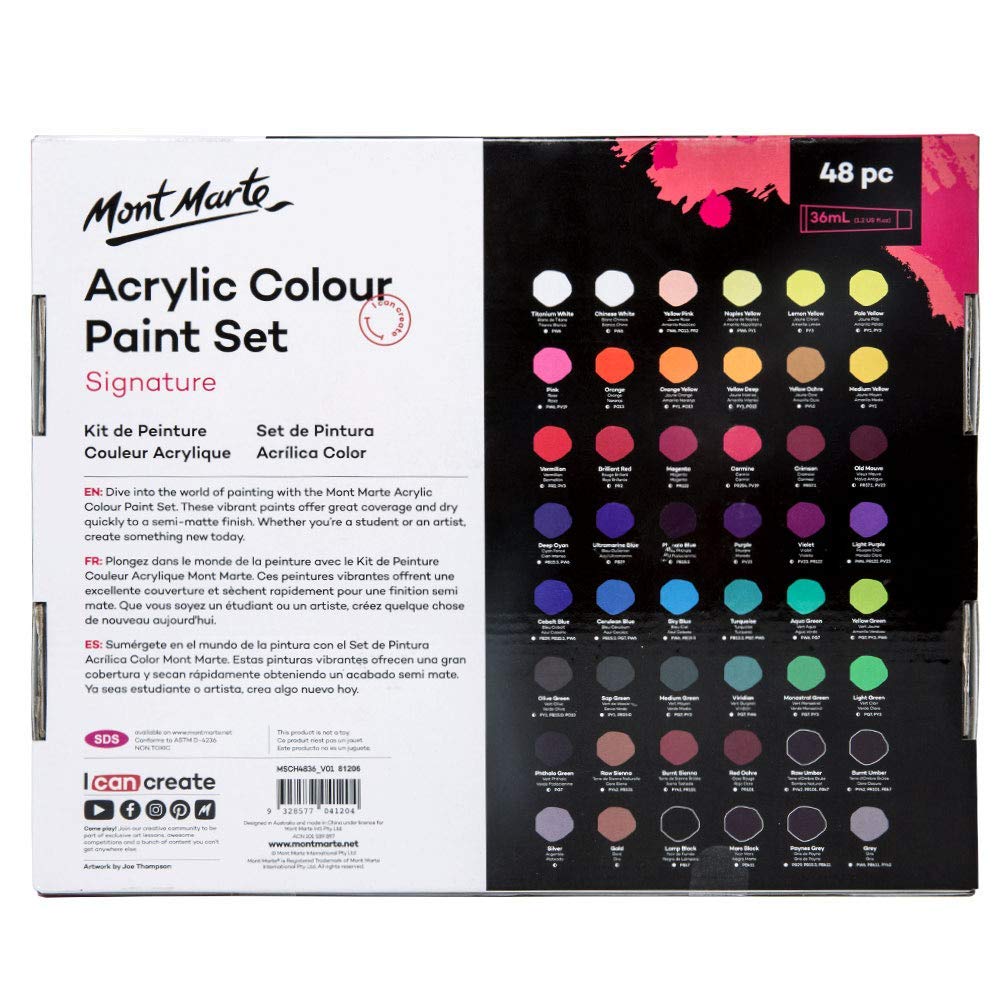 Mont Marte Acrylic Colour Paint Set Signature 48pc x 1.21 US fl.oz (36ml), Acrylic Paint Kit Ideal for Canvas, Wood, Air Dried Clay, Cardboard and More, Great Beginner Acrylic Paint Set, Includes 48 Colors