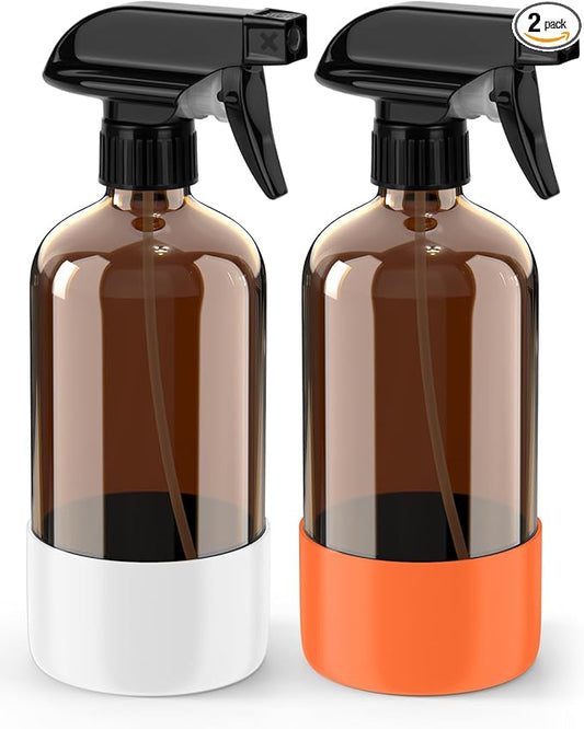Bontip Glass Spray Bottle with Silicone Sleeve Protection, Amber Glass Spray Bottle Set for Window Cleaner Aromatherapy Facial Hydration Watering Flowers Hair Care 2 Pack/16 oz (White & Orange, 16 oz)