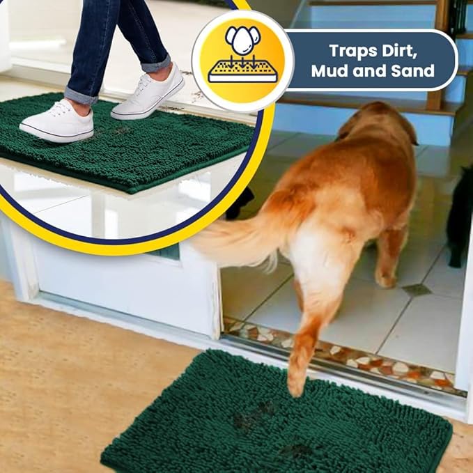 Muddy Mat® | Super Absorbent Door Mat Indoor, Microfiber Quick Dry Chenille Entryway Rug, Non-Slip Front Door Mat, Indoor Mats for Entryway, Machine Washable Pet Rug, Dark Green 36"x60"