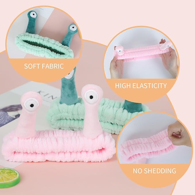 PERFECTSIGHT Kawaii Headband for Spa, Makeup, Washing Face, Party - 2 Pack Cute Hair Band for Shower Beauty Skincare, Soft Facial Headbands for Girls and Women (Green+Pink Snail)