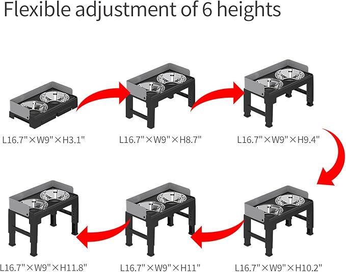 PAKEWAY Elevated Dog Bowls, Spill Proof, Tiltable Dog Feeder with 2 Stainless Steel Bowls, 6 Height Adjustable Raised Bowl